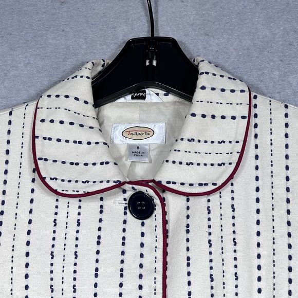 Talbots Blazer Womens Size 8 Blue Embroidered Stripes Red Trim Cotton Jacket - Picture 2 of 13